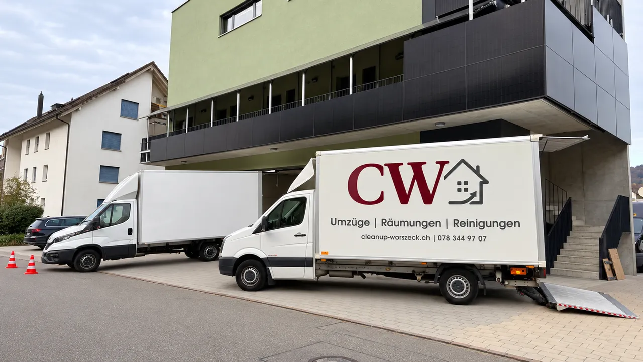 Zwei Umzugsfahrzeuge der Firma CW Umzüge & Räumungen vor einem modernen Firmengebäude. Die Transporter stehen für einen professionellen Firmenumzug mit Möbeltransport und Be- und Entladung bereit.