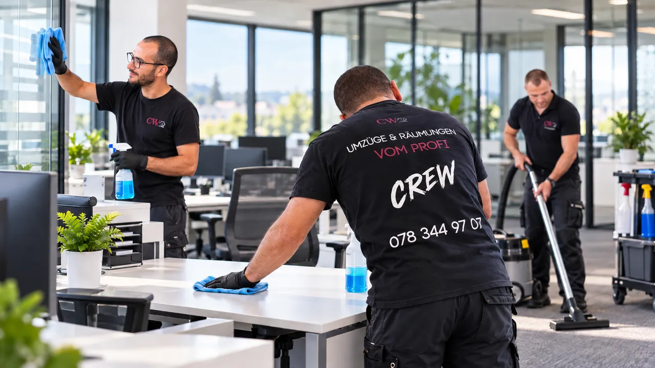 Professionelle Büroreinigung durch Mitarbeiter der Firma CW Umzüge & Räumungen. Das Reinigungsteam säubert Glasflächen, Schreibtische und Teppichböden in modernen Büroräumen.